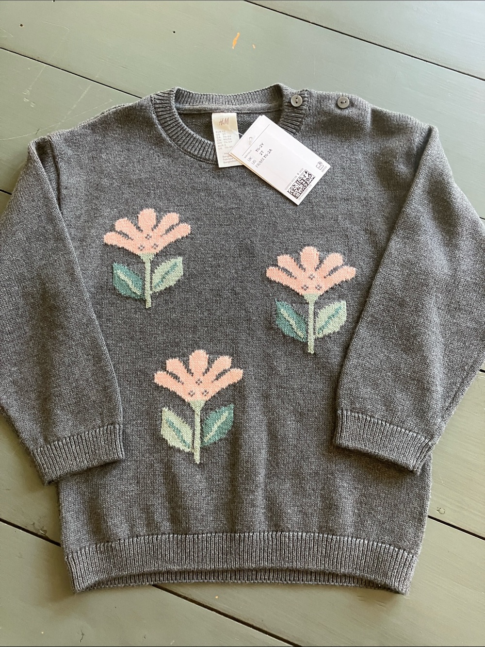H&M Charcoal Crewneck Sweater w/ Pink Floral Motif Cotton Knit Girl’s Sz 2T NWT